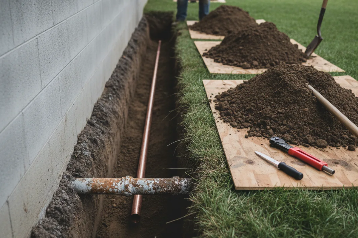 Excavated water line trench during Sewer Line Repair in El Centro